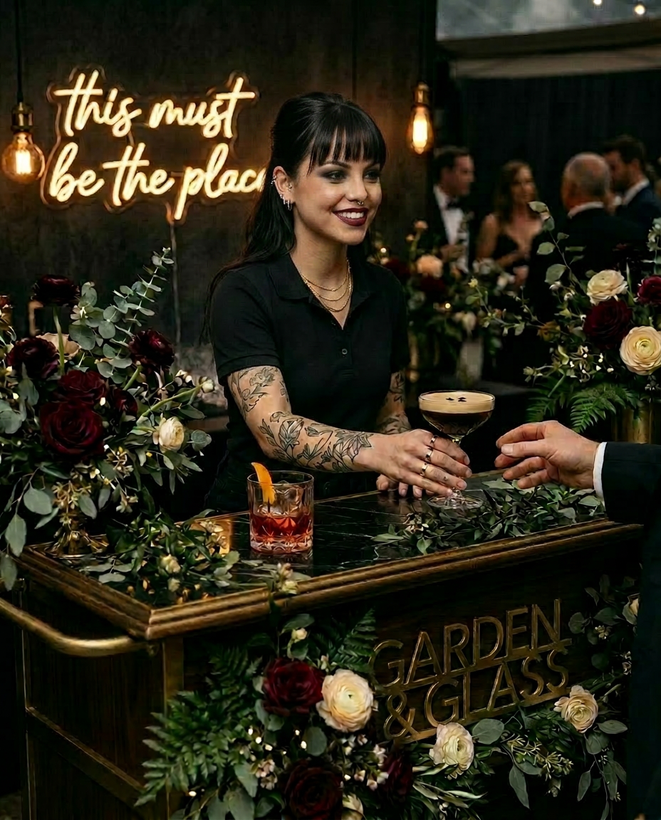 Bartender garnishing a botanical cocktail with edible flowers