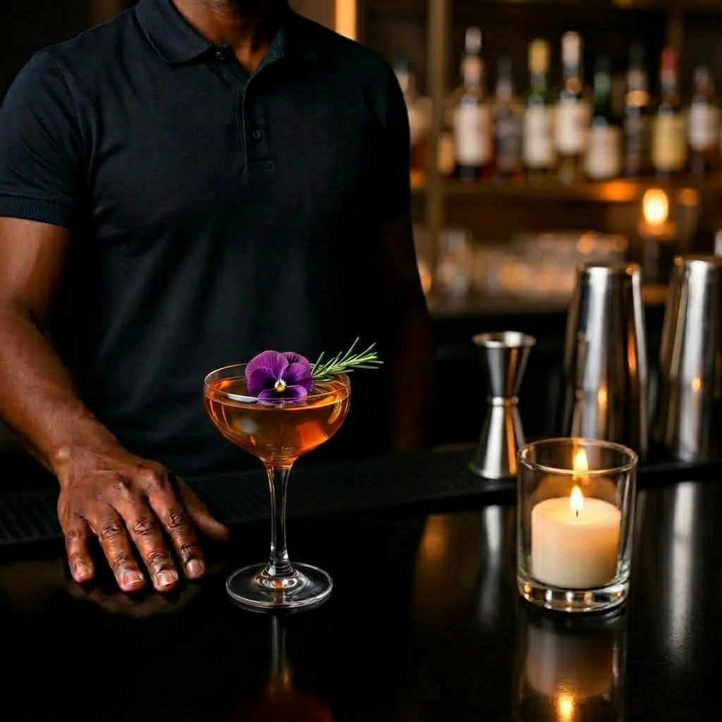 Two romantic cocktails with rosemary and edible petals